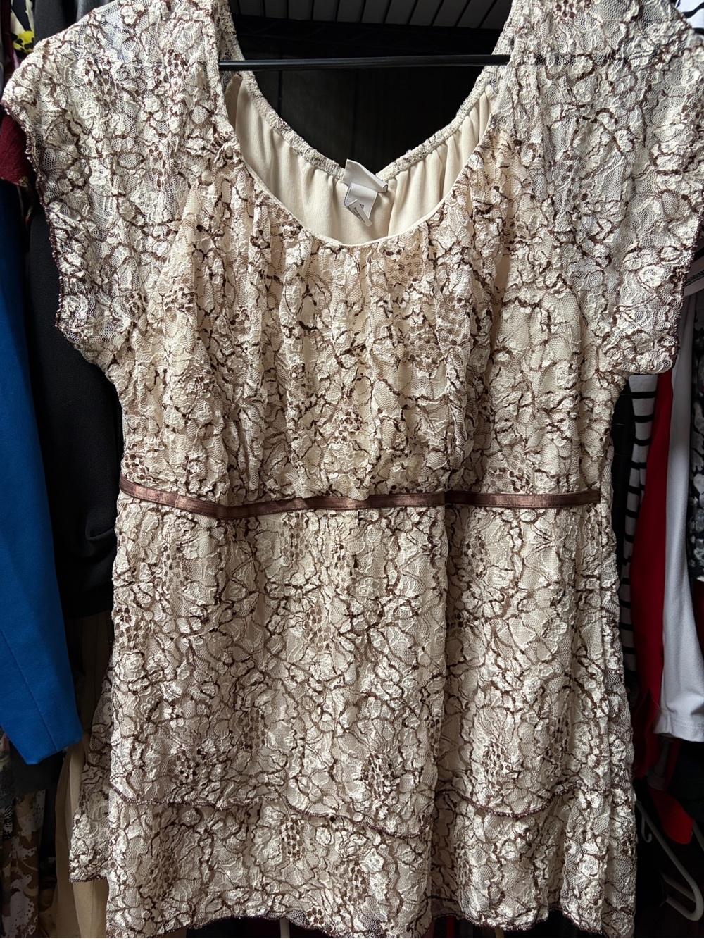 Venezia Cream Lace Short-Sleeve Tunic with Brown Trim